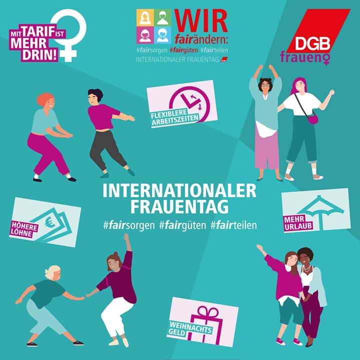 DGB_Frauen's tweet photo. Tarifpolitik = Gleichstellungspolitik! #Fairgüten fordern wir heute am #InternationalWomensDay. Einen schönen Tag an all die fabelhaften Frauen, die füreinander, für Frauenrechte und für den Feminismus einstehen! #IFT2020 #Weltfrauentag #fairändern! 🥳🦸♀️🥂🎊 https://t.co/2uWnCVxMEM