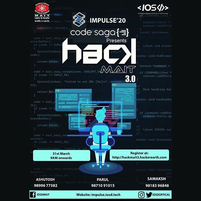 “Ideas worth telling are worthy of your hardwork to turn them into a reality “
Get ready to put on your thinking caps and churn up your coffee to play a 36 hour hackathon.  IMPULSE'20 brings to you HackMAIT 3.0, knocking your door on 31 March '20.
 Parti… ift.tt/2TwT3cB