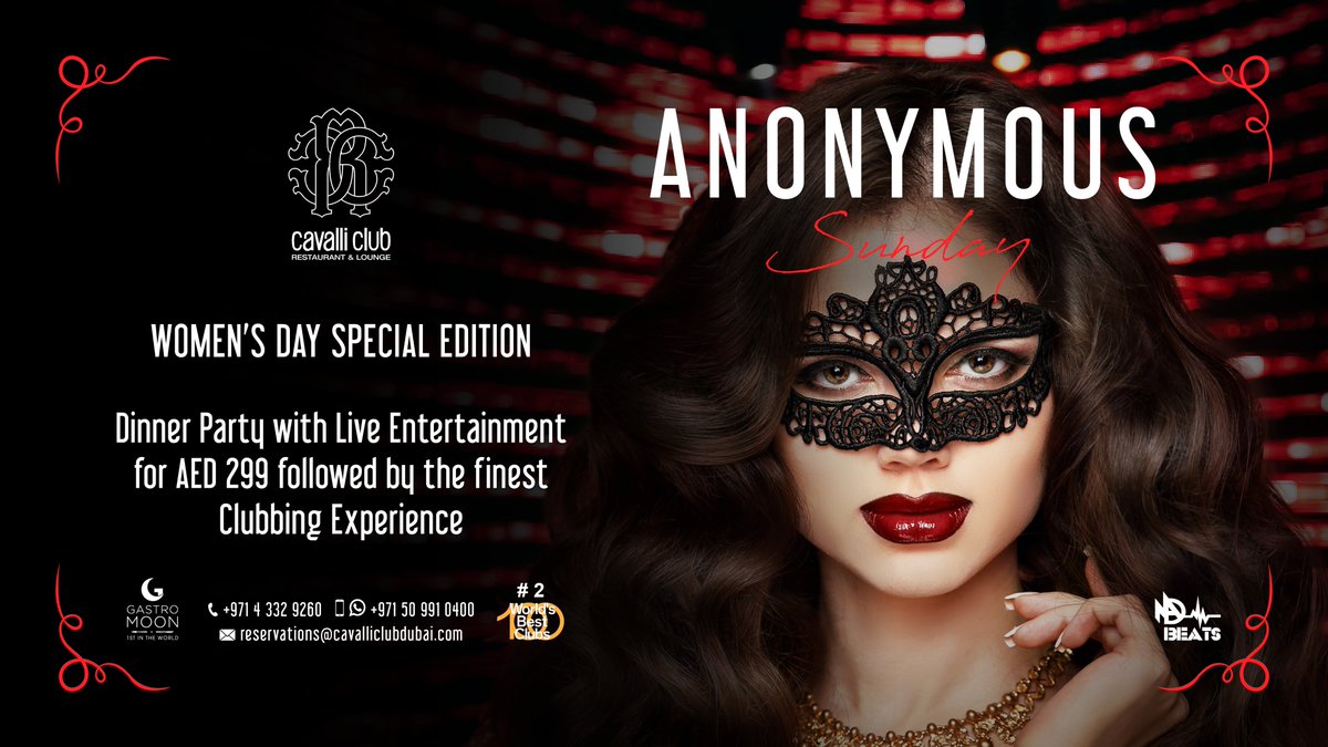 Grab the Girls and Celebrate International Women’s Day at Cavalli Club Dubai. 💃🏻

🍽 Evening Brunch starting from AED 299
👯‍World-Class live entertainment 
🦹‍ Extravagant Anonymous party 
🎭 Continue the party at Anonymous Lounge till 6 am

*Are you in ?*
Call now 800-CAVALLI