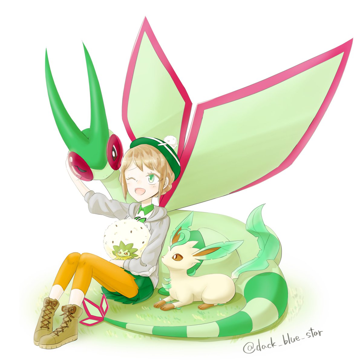 紺星 最推しのリーフィアちゃん 剣盾で新たに好きになったワタシラガちゃん かっこよくて可愛いフライゴンと主人公 描きました ポケモンと生活