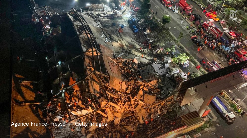 nytimes's tweet photo. 10 people died in the collapse of a hotel that was being used as a coronavirus quarantine facility in China’s southeastern Fujian Province, the government said on Sunday https://t.co/L4vUim0B0x https://t.co/PbE8wN2OW4