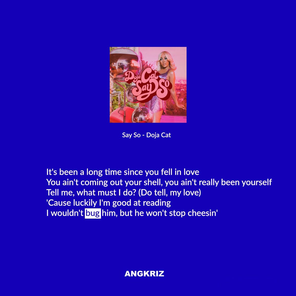 AngkrizAcademy's tweet image. คำว่า bug นอกจากจะแปลว่า ‘’แมลง’’ แล้วเมื่อเป็น verb จะหมายถึง ‘‘รบกวน’’

#ฝึกฟังให้ปังภาษา
#SaySo #DojaCat
#Angkriz