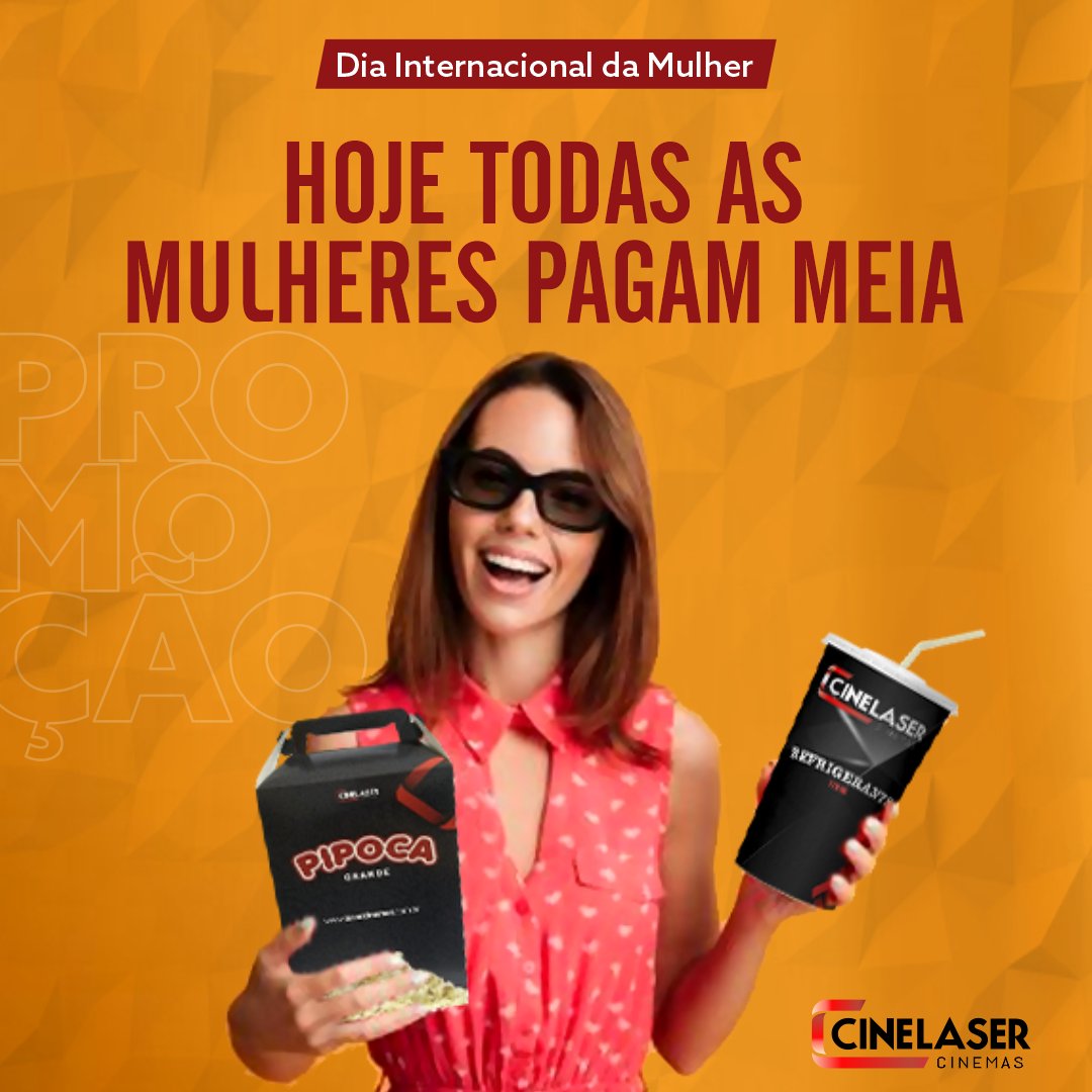 cinelaser's tweet photo. É HOJE ⚠⚠⚠ Em comemoração ao Dia Internacional da Mulher, hoje, 8 de março, TODAS AS MULHERES pagam meia, em qualquer filme, em qualquer sessão! Programação e ingressos online pelo App CineLaser ou site: https://t.co/uSQoCOshot https://t.co/Ny614QY4zc