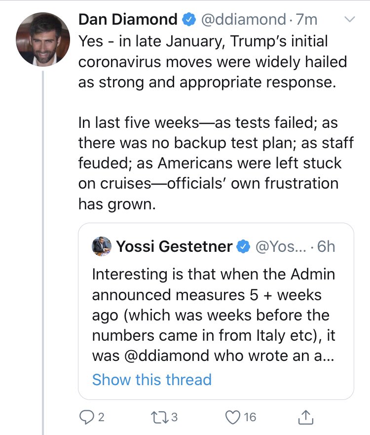 Politico's Dan Dimond tweets now that Trump's "initial coronavirus moves [late Jan] were widely hailed as strong an appropriate response." Um no. Diamond's 1/31/20 article did not praise; it merely gave facts and days later Politico's narrative was that Trump is overreacting.