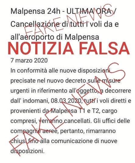 mxpaviation's tweet photo. 🔴NOTIZIA FALSA
Informiamo che la notizia in merito alla chiusura di #Milano #Malpensa è FALSA. L'aeroporto, come comunicato da SEA ed ENAC, è aperto.
Abbiamo filigranato l'immagine cosi che non possa essere usata.
#8marzo #mxpaviation #mxpjetnews #fakenews https://t.co/iXA9YSzPSZ