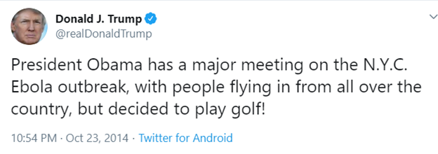 dvillella's tweet photo. @realDonaldTrump New York declared a state of emergency yesterday.
Will you be going to NY to embrace all of the victims, apologizing to the American people, and resigning? 

There were only 11 cases of Ebola in the USA, with 2 deaths, but you attacked Obama 103 times on Twitter over that. https://t.co/53dUcTVEdp