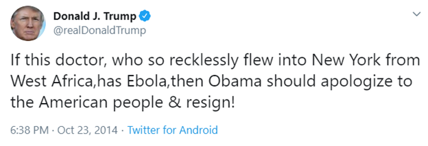 dvillella's tweet photo. @realDonaldTrump New York declared a state of emergency yesterday.
Will you be going to NY to embrace all of the victims, apologizing to the American people, and resigning? 

There were only 11 cases of Ebola in the USA, with 2 deaths, but you attacked Obama 103 times on Twitter over that. https://t.co/53dUcTVEdp