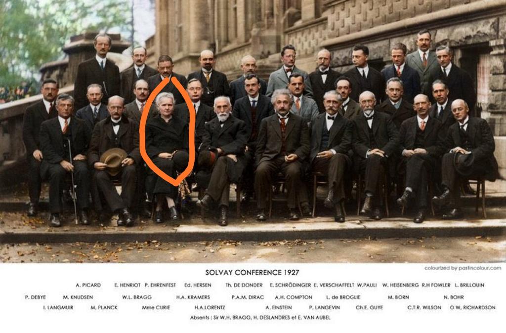 Marie Curie (front row, 3rd from left) with Pauli, Bohr,Albert Einstein, Schrodinger, Direc, Heisenberg, Lorentz and Planck at the Solvay Conference, 1927. 
#InternationalWomensDay 
#IWD2020