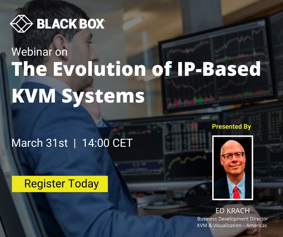 BlackBoxEMEA's tweet image. #KVM is evolving, don't get left behind! Register for our FREE WEBINAR on March 31 to learn about the history, benefits, and security implications of #IPbased signal distribution and switching systems.  bit.ly/2vyARXf.