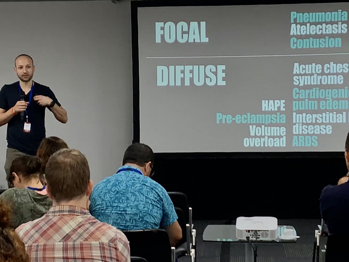 SonoSnowbunny's tweet photo. @UltrasoundMD kicks off day two of #DevEm2020 ultrasound pre-conference w advanced LUS. Causes of focal vs diffuse b-lines are many: pathologies will be different on Everest vs ICU vs postpartum. Correlate with your patient’s presentation! #globalsono #FOAMus #VTsono #sonowolf https://t.co/RZjSghWXjH