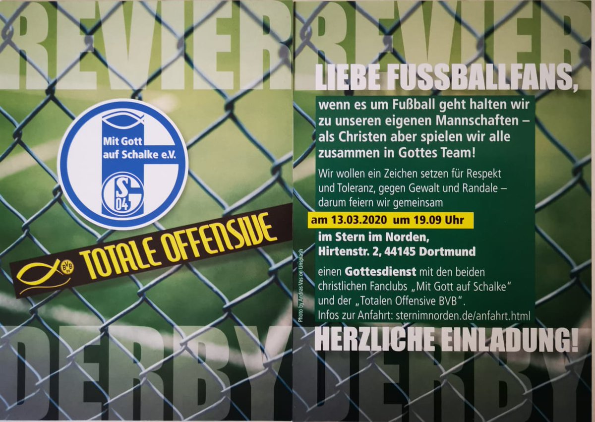 #Derbygottesdienst  zum #Revierderby #BVBS04 der #TotaleOffensiveBVB to-bvb.de und #MitGottaufSchalke  #gegenGewaltundRandale #fürRespektundToleranz am Freitag 13.03.2020 um 19:09 Uhr im  SternimNorden.de 
💛🖤