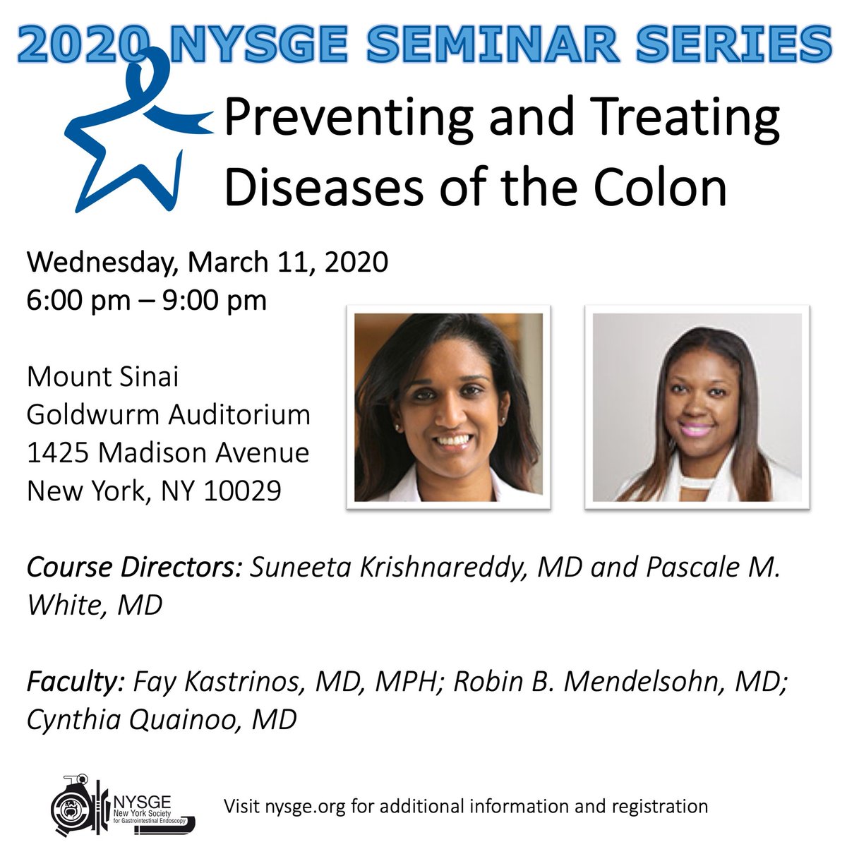 NYSGE's tweet image. March's #NYSGE Seminar will address genetic risk factors for #ColorectalCancer, review characteristics of young onset CRC, and address disparities in CRC that exist among minority populations. 
Visit nysge.org for more info &amp;amp; registration
#ColonCancerAwarenessMonth
