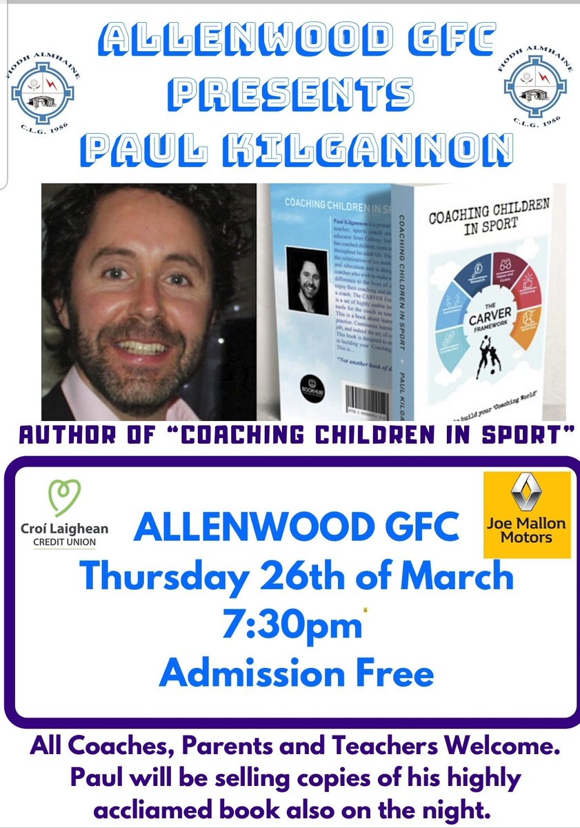 Calling all coaches, parents and teachers in our area! Make sure to join us on Thursday, March 26th at 7.30pm to hear <a href="/carver_coaching/">CARVER Coaching and Performance</a> discuss his Carver Framework around coaching children #GAA #coaching #learning