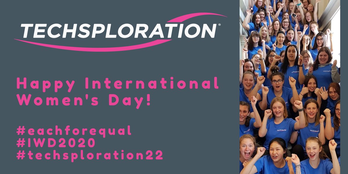 Techsploration's tweet photo. Happy International Women's Day to our incredible community of industry partners, teachers, alumnae, role models, and volunteers! Thank you for empowering the next generation of female leaders in #STEM & #trades -- the future is bright! #IWD2020 #eachforequal #techsploration22 https://t.co/BcaecQPP1h