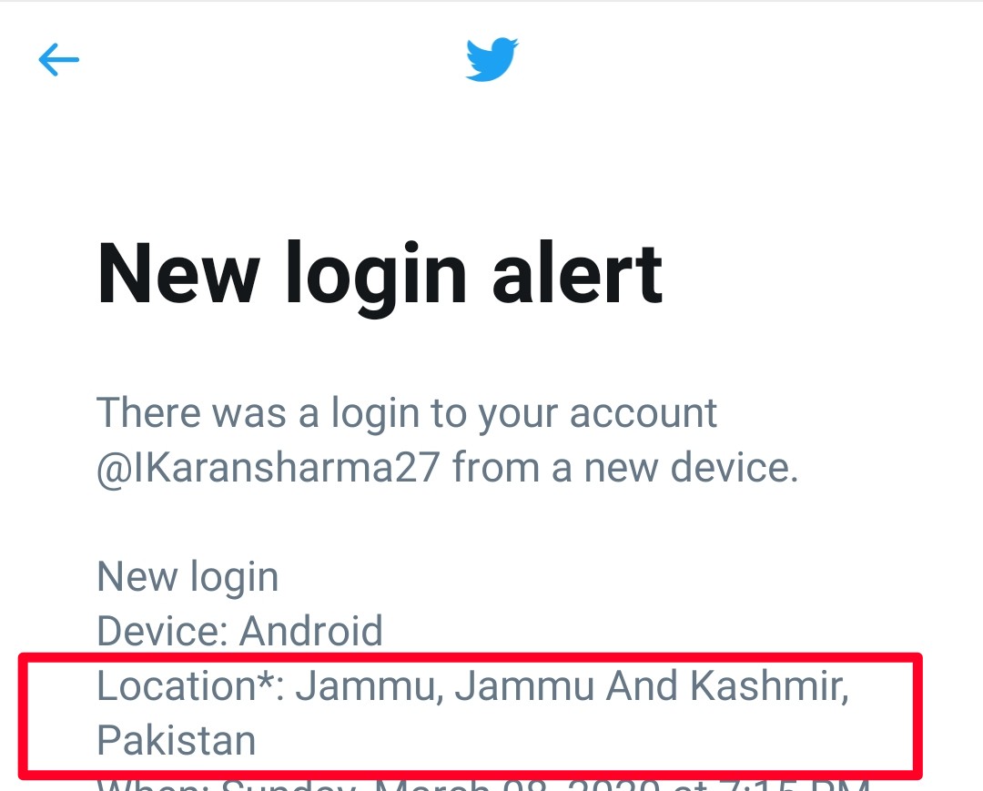 This is Shocking !
I @Ekta0001 have logged in into this account from my place Jammu
and I received login alert notification and what I see is @TwitterIndia
is showing Jammu Kashmir as a part of Pakistan. This is not acceptable. This should be updated at immediate effect.