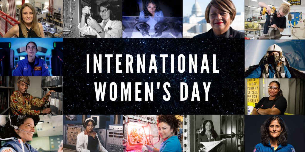 NASA's tweet photo. This #InternationalWomensDay join us in celebrating the @WomenNASA whose grit, ingenuity and talent drives us forward in our mission to boldly expand frontiers in air and space: https://t.co/9jjVle7uol https://t.co/eGQ3TZagIN