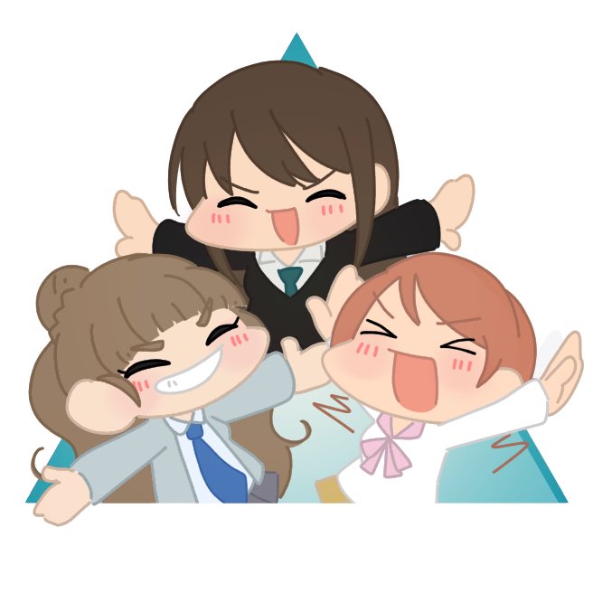 hojo karen ,kamiya nao ,shibuya rin multiple girls 3girls brown hair closed eyes > < school uniform smile  illustration images