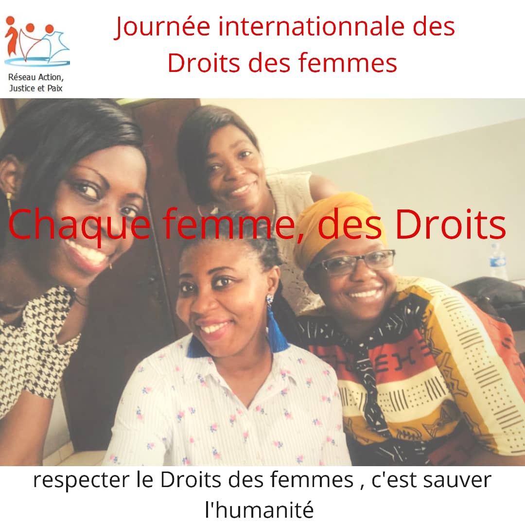 CivRajp's tweet photo. #JIDF 
Le Réseau action, justice et paix souhaite une bonne journée des Droits des femmes et demande au respect  des Droits des femmes partout dans le monde car respecter le Droits des femmes, c'est sauver l'humanité.

Chaque femme, des Droits.
@DidierGbery https://t.co/VyJ9L9wl9Y