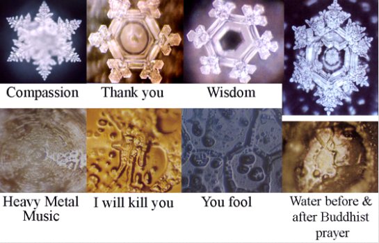 Dr. Emoto discovered that freezing water brings out different crystals depending on the structure of the water. You've probably seen this before.