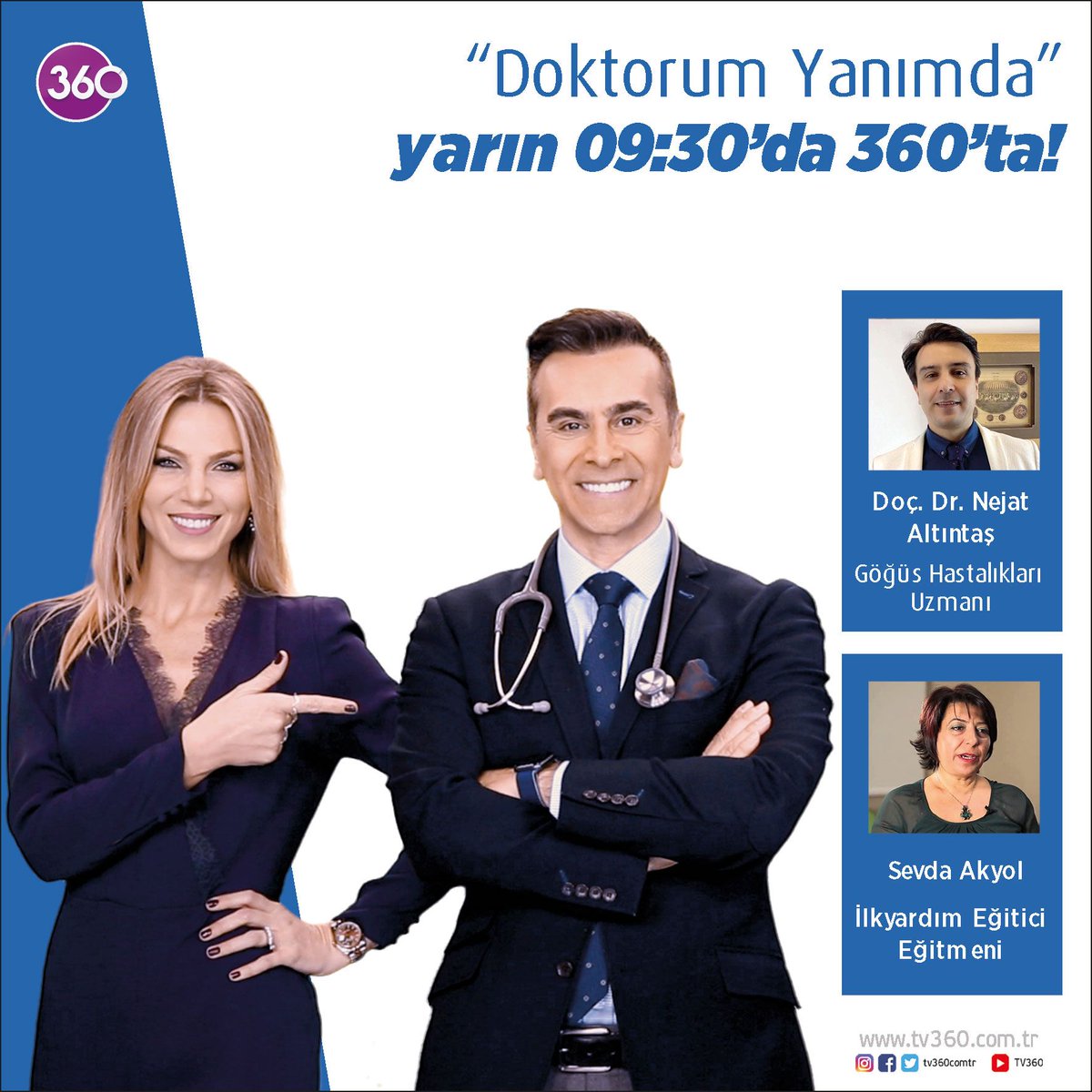 Göğüs Hastalıkları Uzmanı Doçent Dr. Nejat Altıntaş ve İlk Yardım Eğitici Eğitmeni Sevda Akyol'un konuk olacağı #DoktorumYanımda'da 'Koronavirüsü ve Ev Kazaları' gibi sorular ele alınacak.

#DoktorumYanımda yarın 09:30'da 360'ta 
<a href="/SeldaHasret/">Selda Hasret Arslan</a> 
<a href="/drmurataksoy/">Prof.Dr.Murat Aksoy</a>