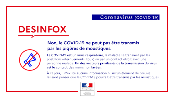 Sante_Gouv's tweet photo. #Coronavirus | Désinfox
❌ Non, le #COVID19 ne peut pas être transmis par les piqûres de moustiques
✅ C’est un virus respiratoire, la maladie se transmet par les postillons (éternuements, toux) et par le contact de mains non lavées.
👉 https://t.co/vdmBNesopm https://t.co/PGQbZajNm4