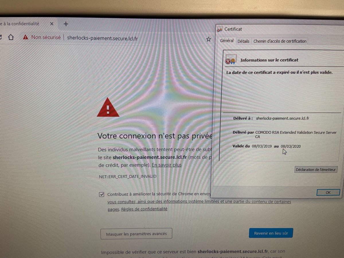 mytrix34's tweet photo. URGENCE : La banque @LCL avec leur système #sherlocks n'a pas l'air d'avoir renouvelé leur certificat SSL !!!
Problème sur plusieurs commandes de mon client #venteenligne #modulebancaire #banque #LCL https://t.co/uJ58nDHL4J