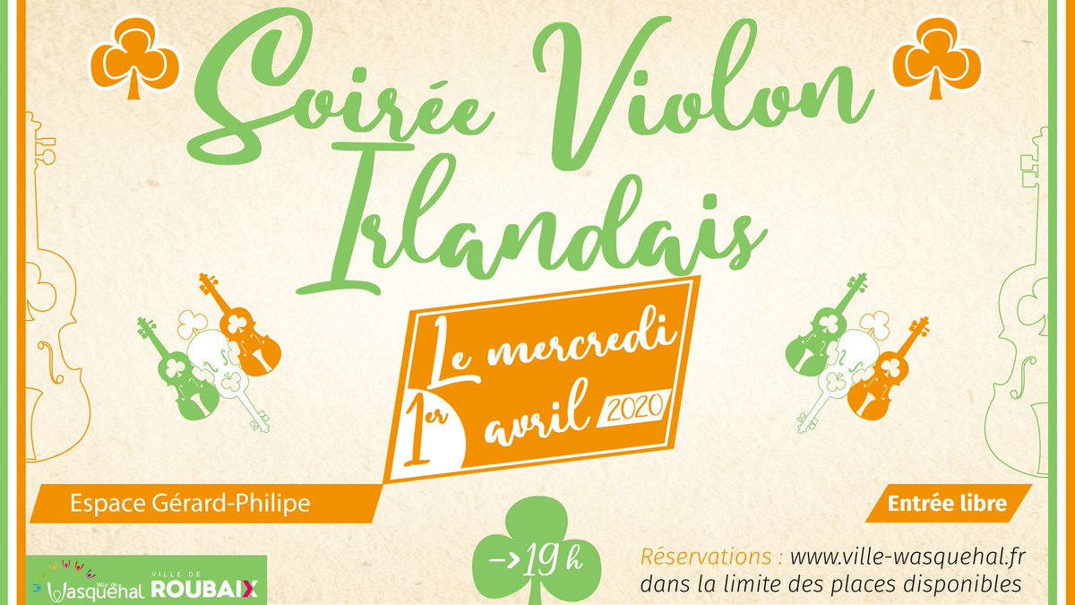 Les classes de #violon des #conservatoires de #Roubaix et #Wasquehal s’unissent pour une soirée dédiée au folklore irlandais. 
Mercredi  1er avril à 19 h - Espace Gérard-Philipe. 
Réservations sur weezevent.com/soiree-violon-…. Ambiance « irish » garantie !