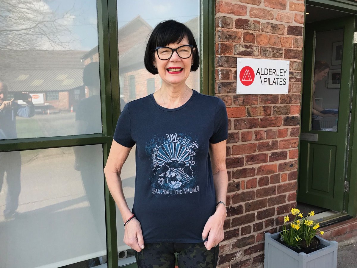 AlderleyPilates's tweet photo. Our Studio Director and Sweaty Betty Ambassador Jan is looking very pleased with her new #Fearncotton for @sweatybetty T shirt #supportwomen #supporttheworld #internationalwomensday #happy #smiley #newtshirt #iamasweatybetty https://t.co/iIwk4LpkxD