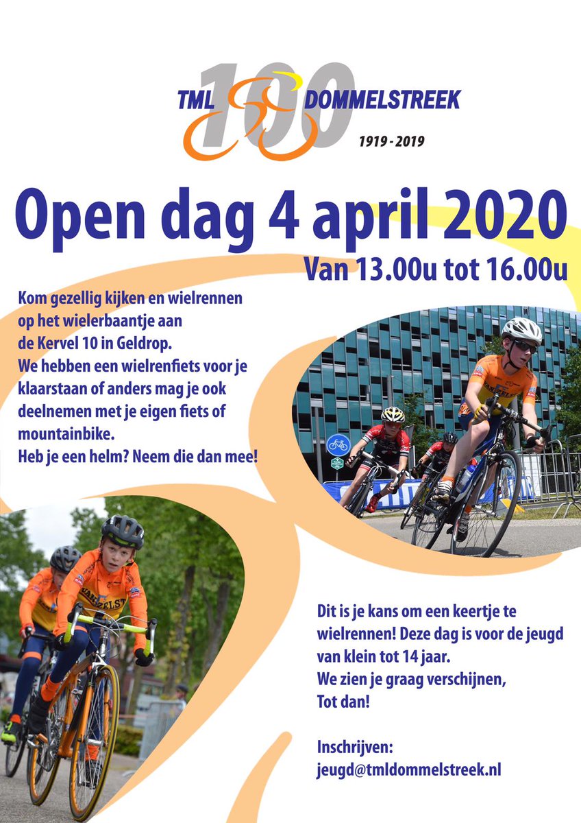Open dag voor de jeugd op 4 april van 13:00-1600u. Meld je aan via jeugd@tmldommelstreek.nl en kom langs op onze baan Kervel 10 in Geldrop! #jeugdwielrennen #sporten  #geldrop #eindhoven #nuenen #SjorsSportief <a href="/BrabantCycling/">Brabant Cycling Network</a> <a href="/brabantfietst/">Ons Brabant Fietst</a> <a href="/Eindhovensport/">Eindhoven Sport</a>