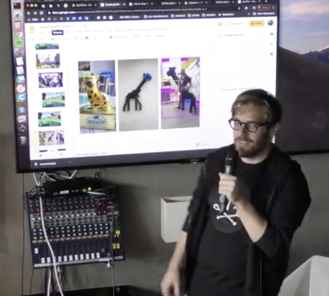 CatDogLUofM's tweet photo. @FredrikPaulin @stupidhack_sv some @stupidhack_sv faves: "trancescriber" for turning beats into words, the AI giraffe detector, and projects pro-coronavirus (device that sucks air in when someone near you coughs) and anti-coronavirus (helmet with kitchen sponge that washes your face if face-touching detected) https://t.co/vVBy5OzpYt