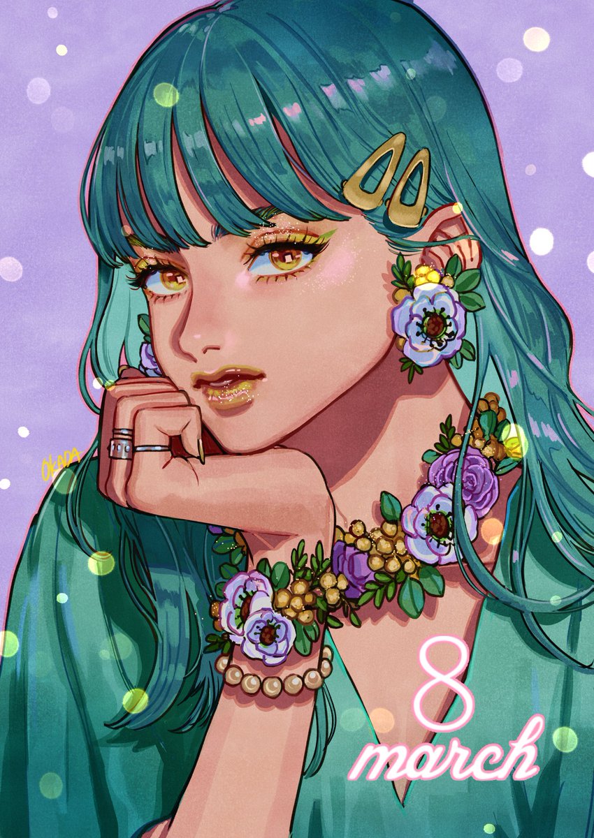 jewelry solo 1girl earrings ring short hair flower  illustration images