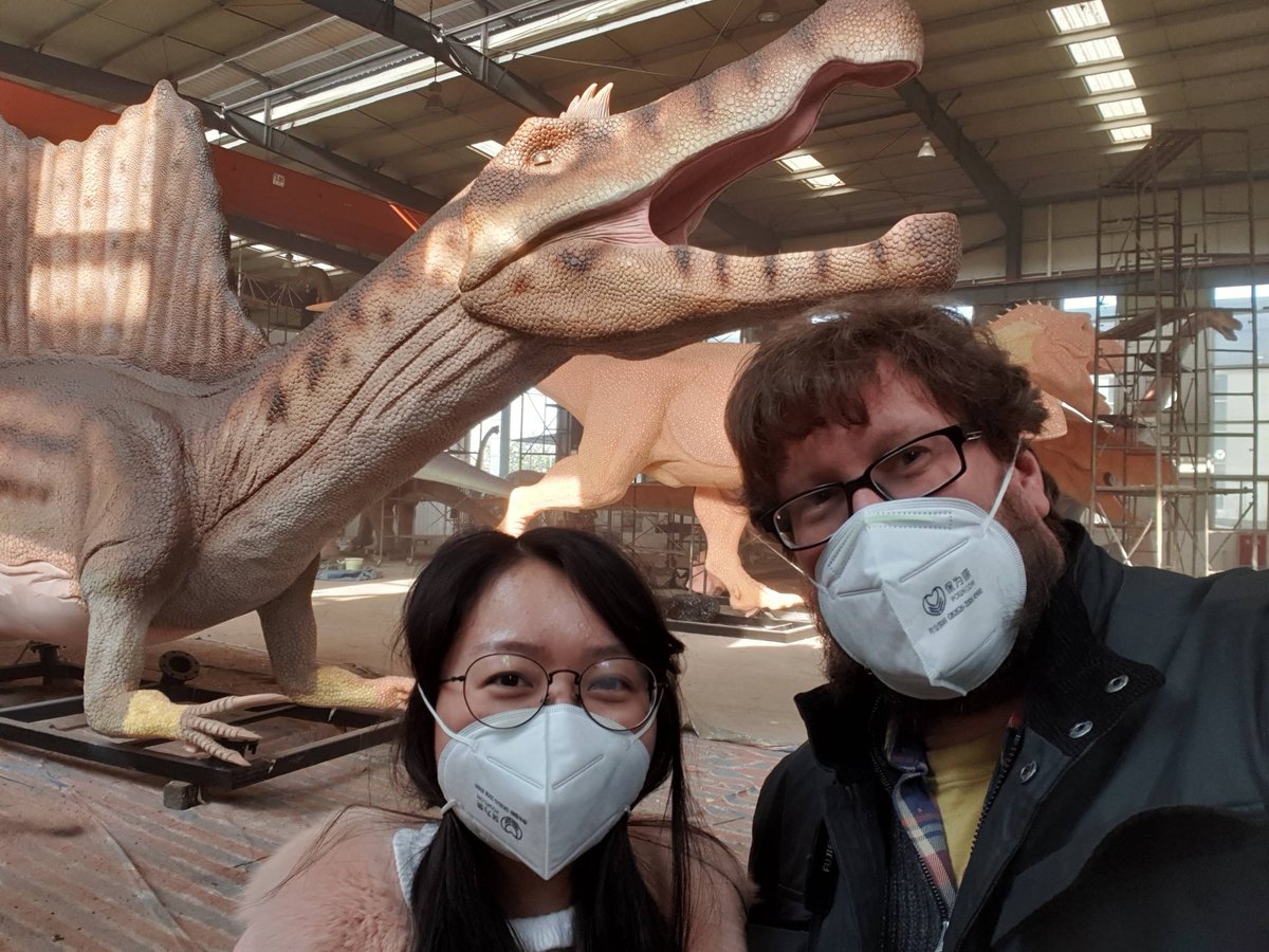 TetZoo's tweet photo. In January 2019, I worked in Zigong, China on the construction of life-sized #dinosaur models. It was great fun. My colleague Shirley features in some of the photos here. We're wearing masks because of the paint. https://t.co/s5znvjgXtM