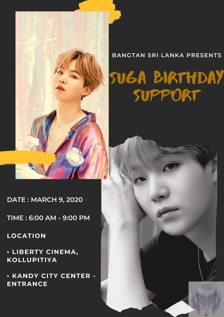 BANGTANSRILANKA's tweet photo. | SUGA B’DAY SUPPORT 🇱🇰|

Hey ARMY, Catch our B’day support LED screen ads for #SUGA

🗓03/09

📍Liberty Cinema, Kollupitiya 
📍KCC - Entrance

Don’t miss it!!!🤩

Please feel free to drop by to take pictures/video and don’t forget to tag us++

#HappySUGAday 
@BTS_twt #BTS⁠ ⁠ https://t.co/7y4YGCJUzp