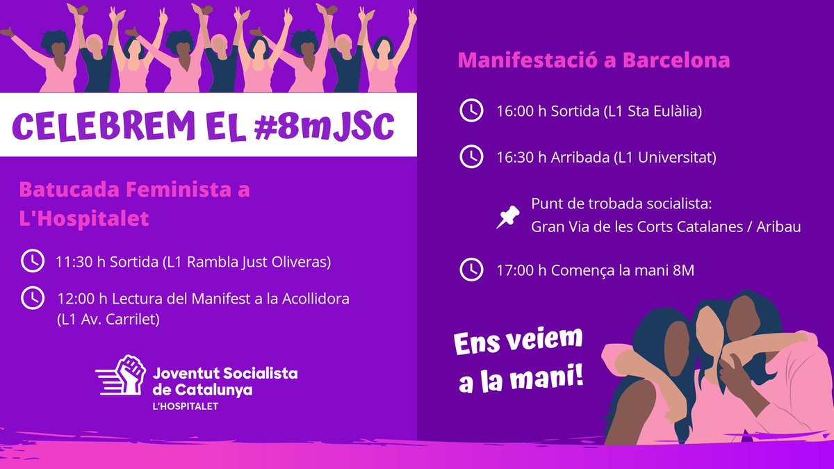 JSCLH's tweet photo. Celebra el #8M amb la @jsccatalunya! 💜🚺

Tenim aquestes activitats, tant pel matí a #LHospitalet, com per la tarda a la mani de #Barcelona.

Ens veiem! 💪 #VolemSerVisibles #SomDonesSomJoves #8mJSC https://t.co/0UkPraLR3K