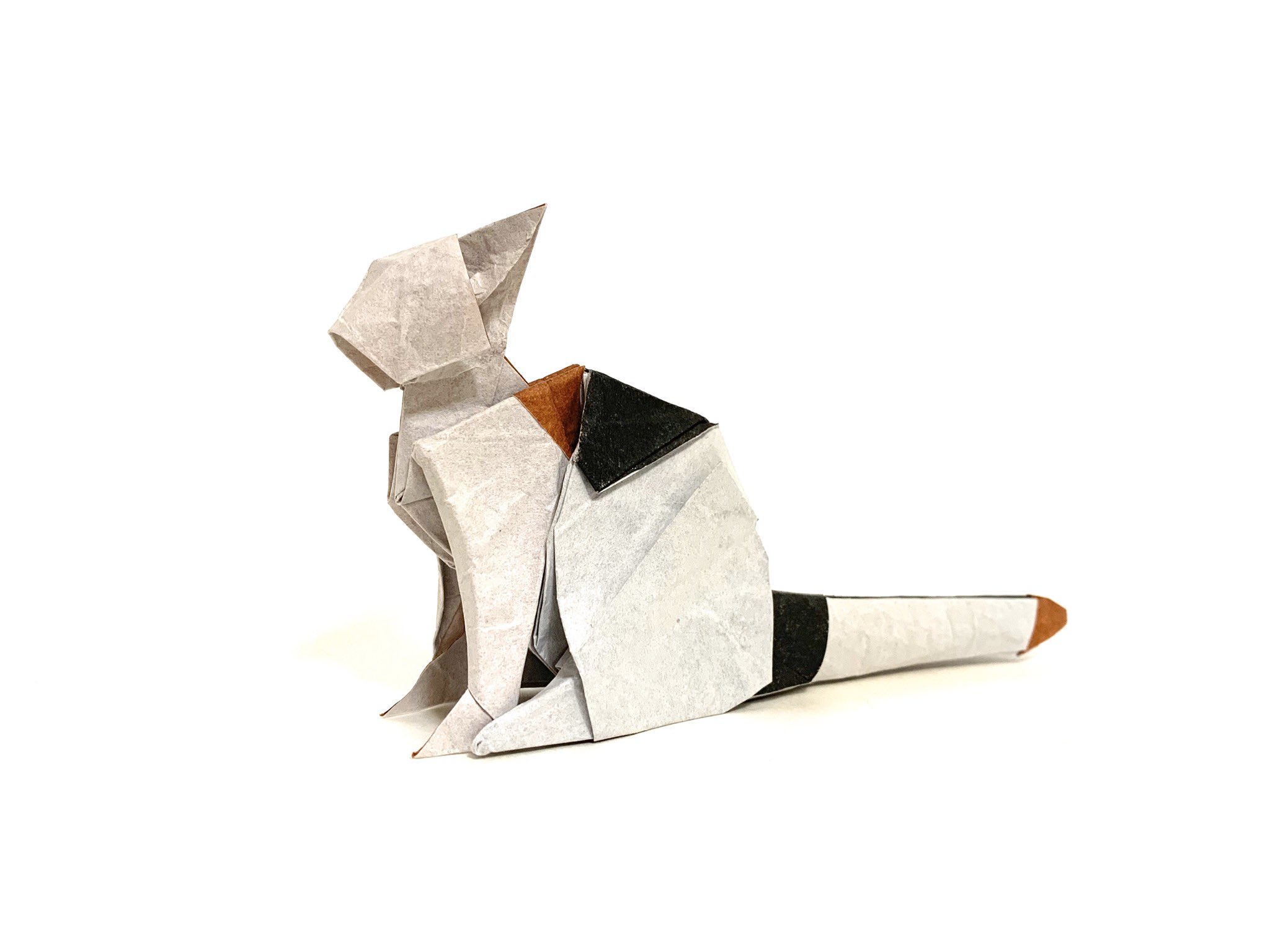 振り向く三毛猫、和紙25,4см×36,4cm