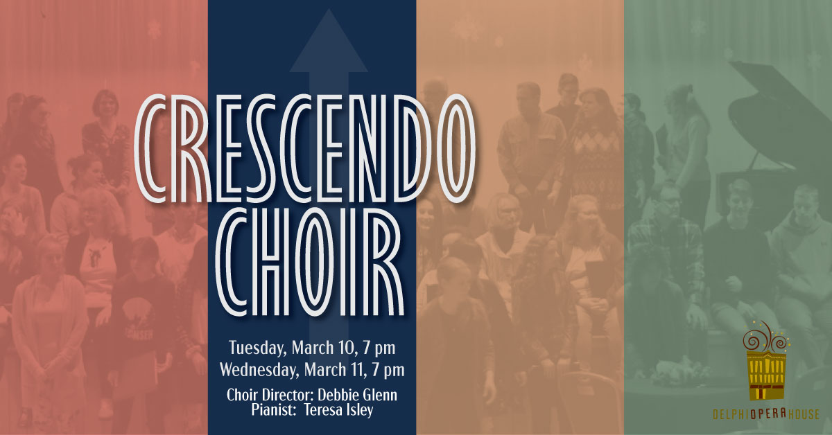 DelphiOperaHous's tweet image. Mar 10 &amp;amp; 11 Delphi Opera House presents: Crescendo Choir, your community choir. Talent that spans several towns comes to Delphi! Get your tickets today! delphioperahouse.org or call 765-564-4300. #crescendochoir #delphi #DOH #carrollcounty