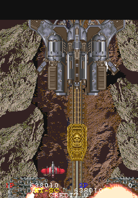 ガンクルーザが大爆発を起こし、これで全ての戦いが終わったと思ったその時、艦橋後方から不気味な一本の線路が伸び、眼下の線路と直結して巨大な棺桶が姿を現した。このラスボスが巨大な棺桶に入れられ運ばれて行くというのがガンフロンティアのセンスの良さ！カッコ良さ!!キチガイ的メタファー!!!