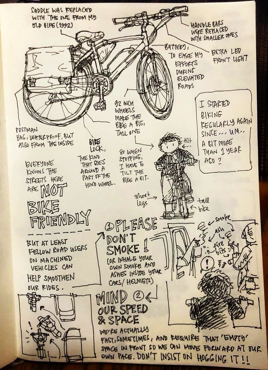 LarasaTita's tweet photo. Pesepeda di jalan sering harus menghirup: asap & abu rokok dr pengendara motor/mobil, dan asap knalpot motor yg sengaja ditinggiin.
Coba tolong empatinya diasah lagi, semua jg pengen selamat di jalan.
#graphicdiary #graphicnotes #sketches #sketchbook #bicycle #ebike https://t.co/kWmltak5Uo