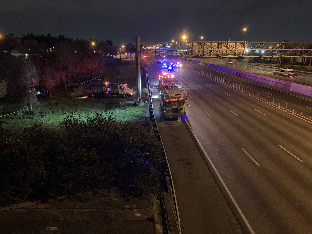 TrentKellyWPLG's tweet photo. BREAKING: All NB lanes of the Palmetto Exwy. are closed at NW 58th St. following a crash overnight. At least one person died. Car appears to have ran off the road before coming to rest in some trees. Working to get additional info from @FHPMiami. Live updates on @WPLGLocal10... https://t.co/ppRri936CE