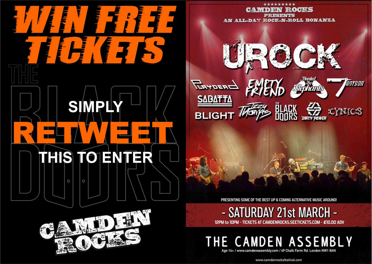 🔥WIN FREE TICKETS - SIMPLY RETWEET THIS POST🔥
All retweets will be placed on our cheap list of JUST £7!! But TWO lucky people will get a FREE ticket!!

Closing Date March16th

Listen to <a href="/BlackDoorsBand/">The Black Doors</a> 
👉tinyurl.com/blackdoorsTYP

#livemusic #festival #music #Camden #rock #indie
