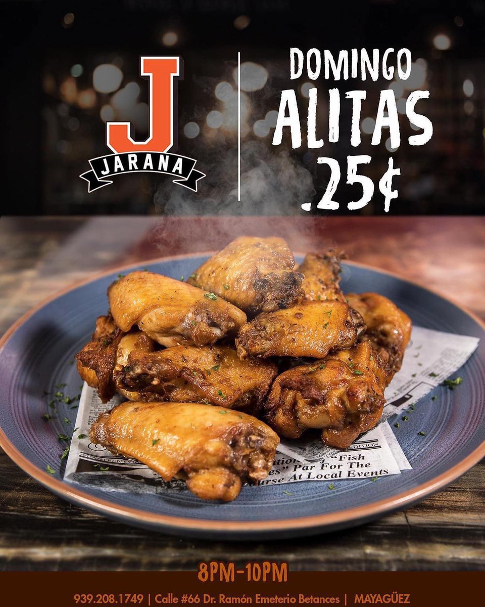 JaranaCollegeB's tweet photo. Las alitas más ricas están en  #Jarana y todos los domingos están a peseta 🍗🍗

Happy Hour 🤩
-Corona 5 x $10 🍻
-Alitas .25¢ ⏰8pm-10pm

📞939.208.1749 https://t.co/jPXrQSRnHn