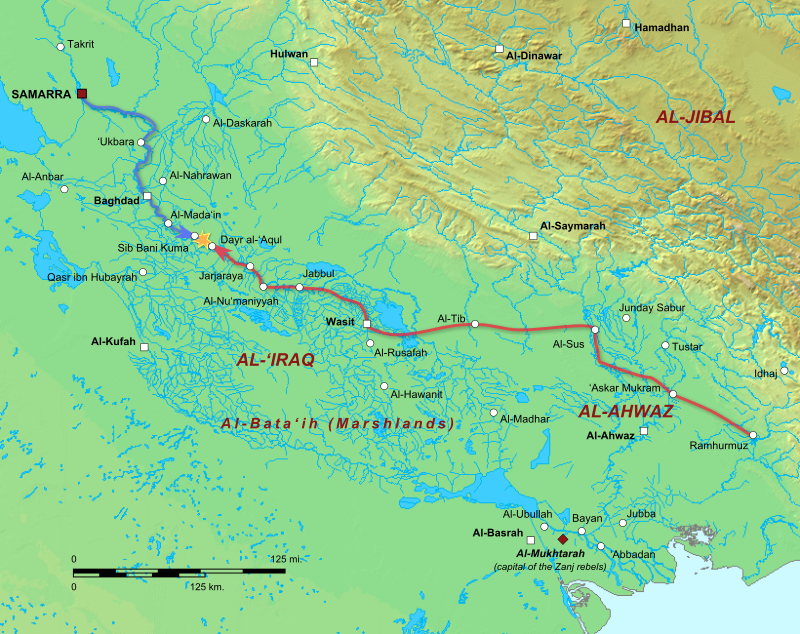 Map showing the location of the battle of Istarband on April 8 867 AD between the Abbasid Caliphs and the Saffarid army, as well as the routes taken by the Saffarid (red) and main 'Abbasid (blue) armies. Saffarids were defeated.