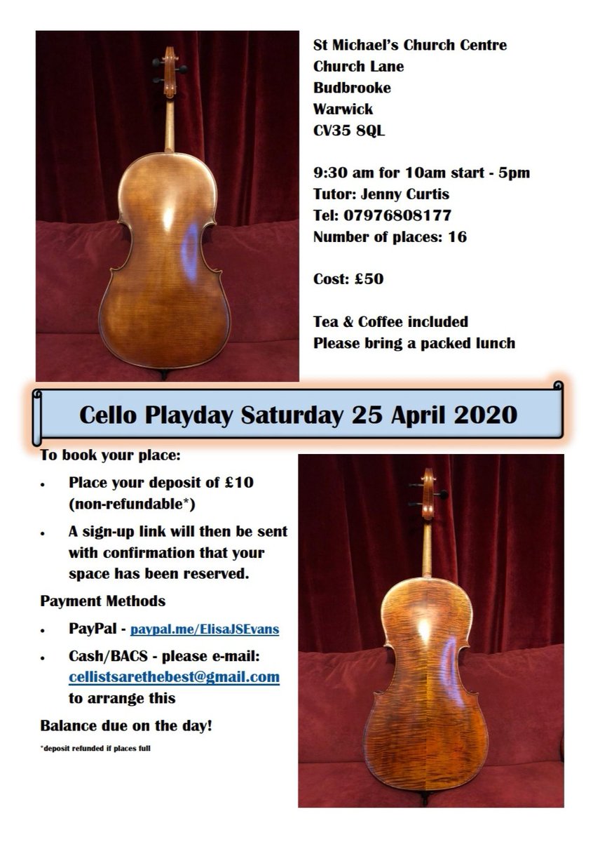 #Cello #Playday #Warwick Sat 25 April with my teacher Jenny Curtis of <a href="/tedescaquartet/">Tedesca Quartet</a> fame. All abilities welcome, please DM or email cellistsarethebest@gmail.com if you need more info. Thanks!