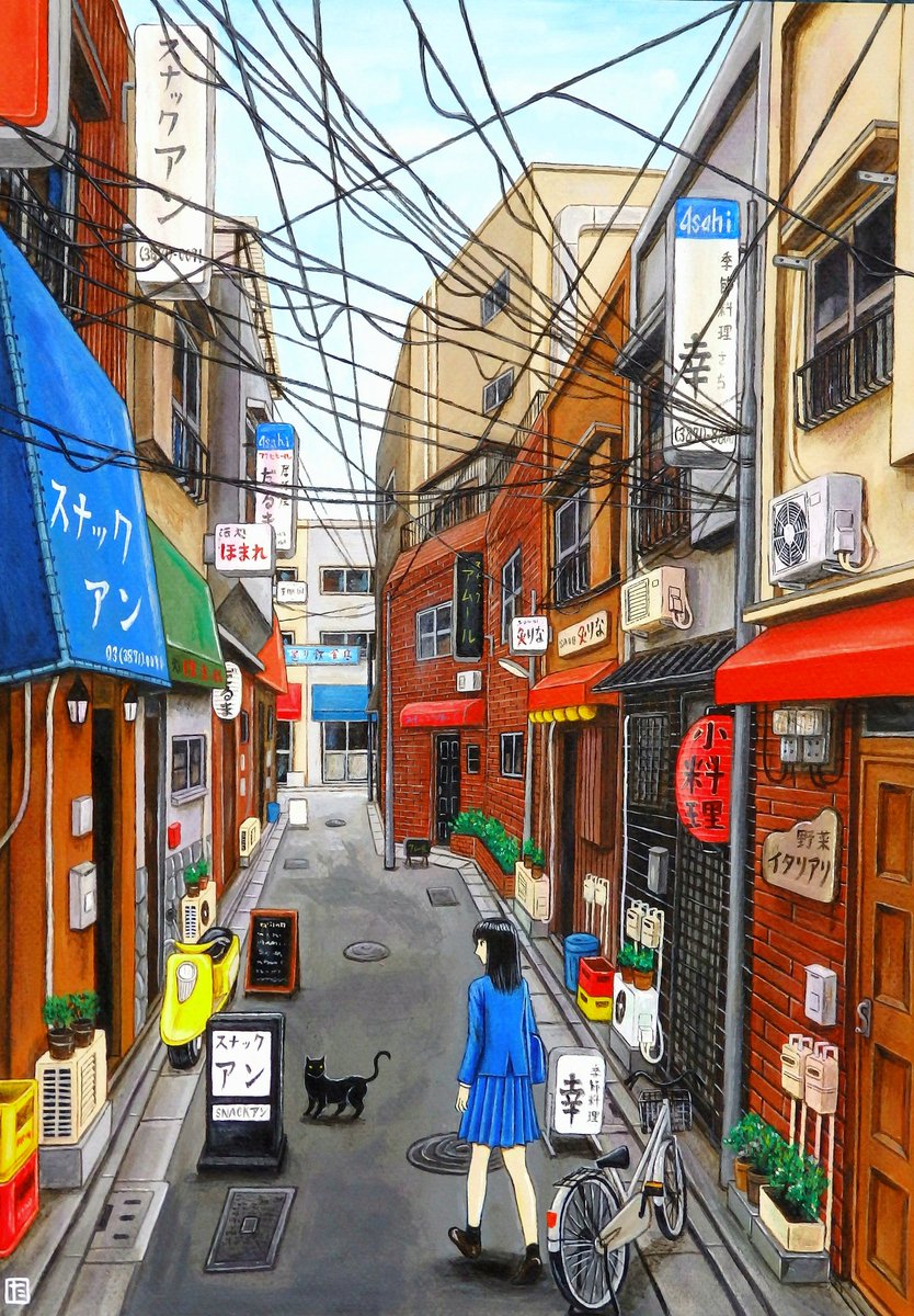 たっかー 描いた 風景k町 東京の下町 北千住の毎日通り商店街付近 昭和でshow