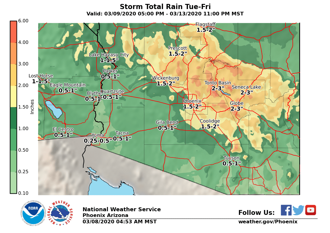 NWSPhoenix's tweet photo. Looks like a wet week ahead, with rain chances now spread over about 4 days. Thus storm totals rains have increased. Now expect 1.5-2" in Phoenix Tue-Fri with 3 inches or more over high terrain areas N and E of Phoenix. #azwx https://t.co/TQVMRZUQEg