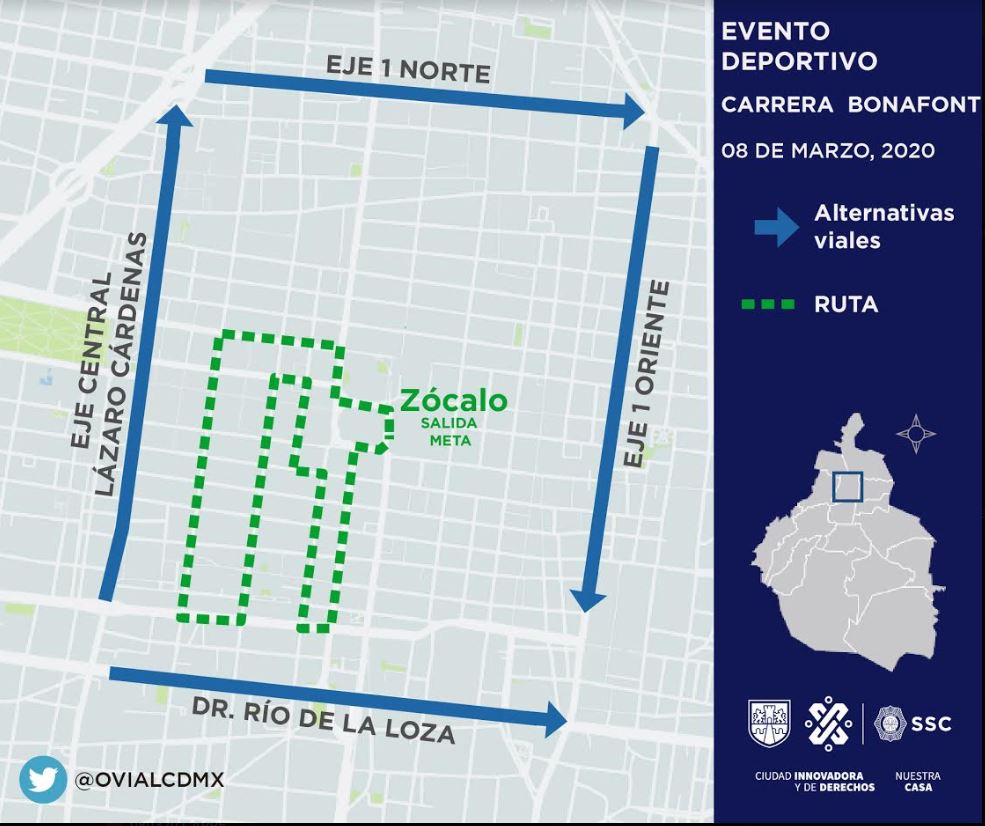 06:29 #PrecauciónVial | Tome en cuenta afectación por evento deportivo en inmediaciones del Zócalo. Posible ruta:  Monte de Piedad, Tacuba, Simón Bolivar, Izazaga, Isabel la Católica, 5 de Mayo, V. Carranza, 5 de Febrero y 20 de Noviembre. Consulte aquí #AlternativaVial