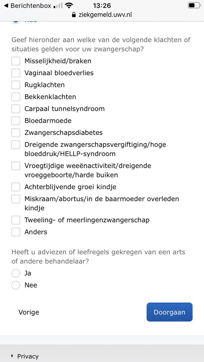 Vraag me af of <a href="/uwv/">@</a> hier nu handelt conform de AVG. Bij een gedeelte ziektemelding tgv zwangerschap moet ik tijdens een digitale vragenlijst (dus niet bij verzekeringsarts) de reden van ziektemelding aangeven en ik krijg onderstaande keuzes. Kan dit <a href="/toezicht_AP/">toezicht_AP</a>? #nieuwsgierig