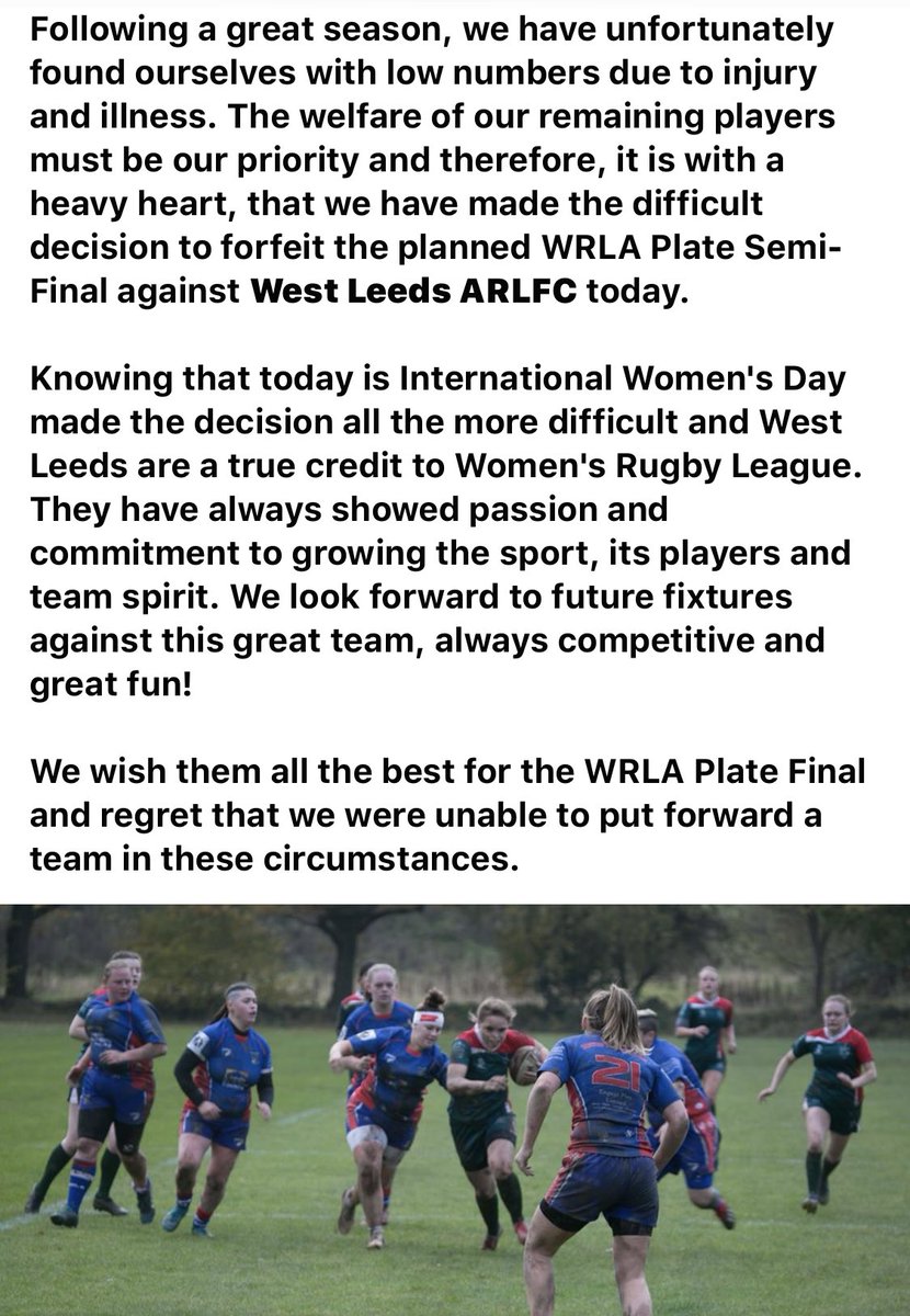 Official Statement from the Club following difficult decision to forfeit against ⁦<a href="/WestLeedsEagles/">West Leeds Eagles ARLFC</a>⁩ today.