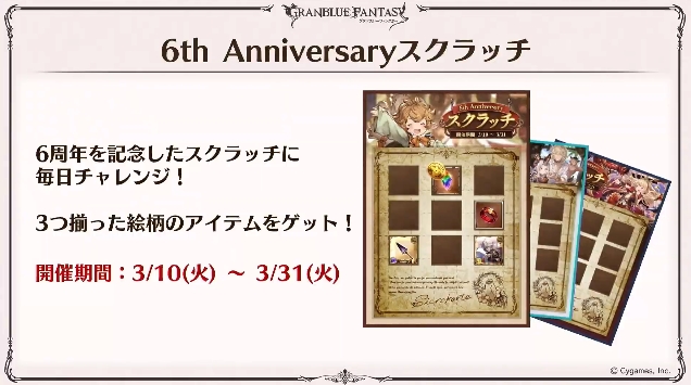 グラブル攻略 Gamewith 6周年生放送新情報まとめ 3 10 火 実施 6周年記念スクラッチ 絵柄が3つ揃うとアイテムget 獲得rank Exp6倍 一定値に達すると2倍に 共闘対象外 6周年サプチケ 18年実装のリミ クリセルエルまでの季節限定も