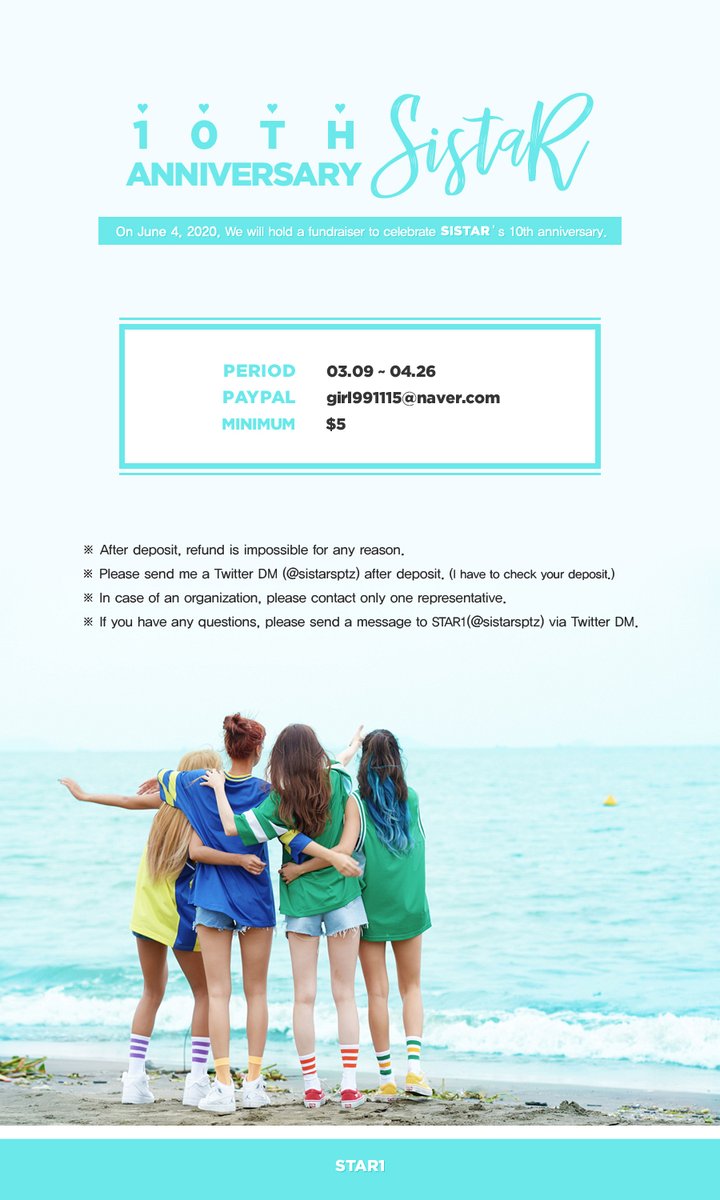 sistarsptz's tweet image. SISTAR 10th Anniversary

ᴘᴇʀɪᴏᴅ  : 3/9 ~ 4/30
ᴍɪɴɪᴍᴜᴍ : $5 

Please refer to the image for more information.
Let's celebrate SISTAR's
10th anniversary together!

#SISTAR #씨스타
#보라 #효린 #소유 #다솜